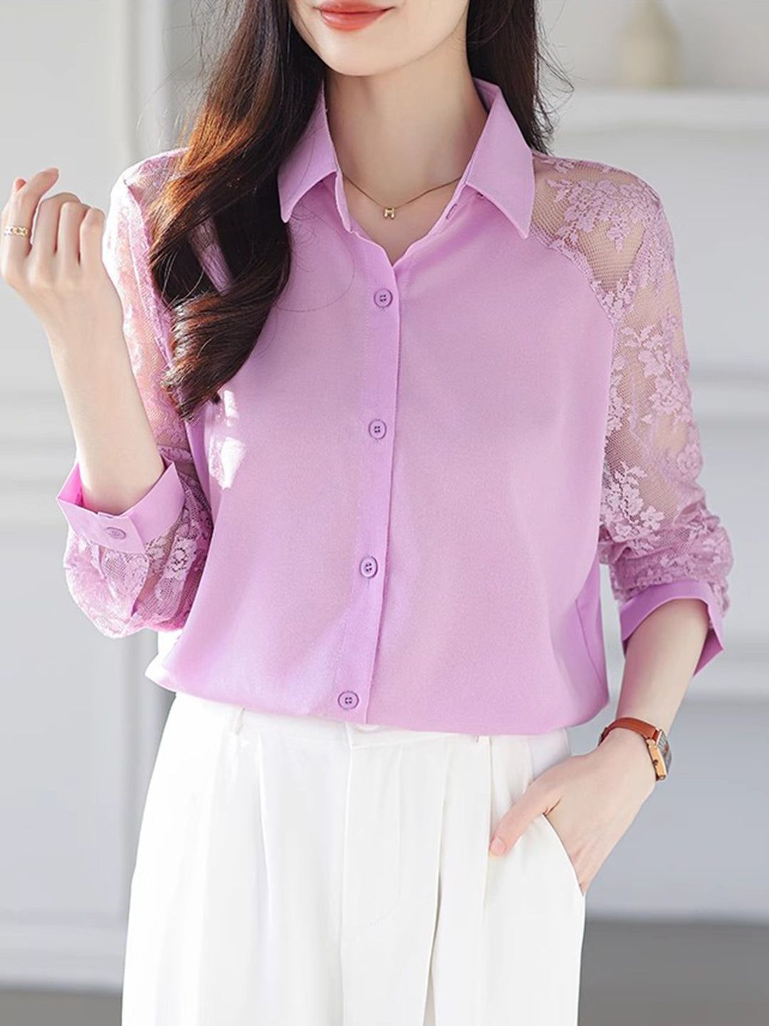 Lace Loose Lapel Chiffon Shirt