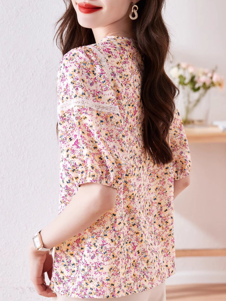 Round Neck Floral Puff Sleeve Chiffon Shirt - Green