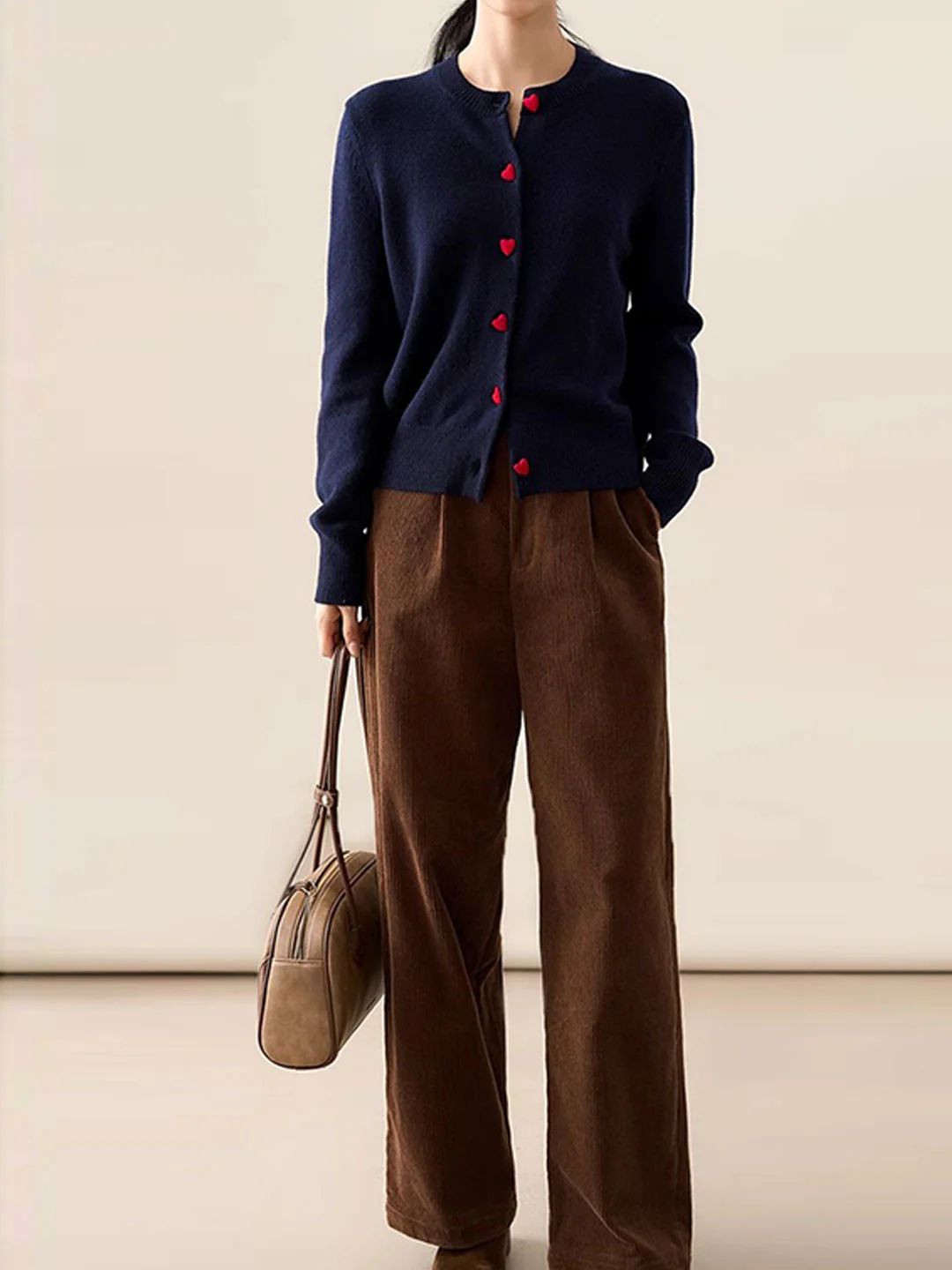 Elegant Crew Neck Heart Button Knitted Cardigan