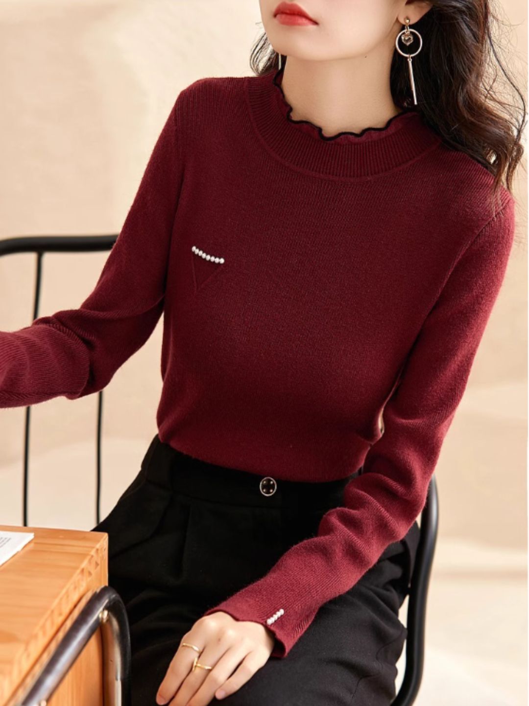 Solid Color Knitted Sweater - Red