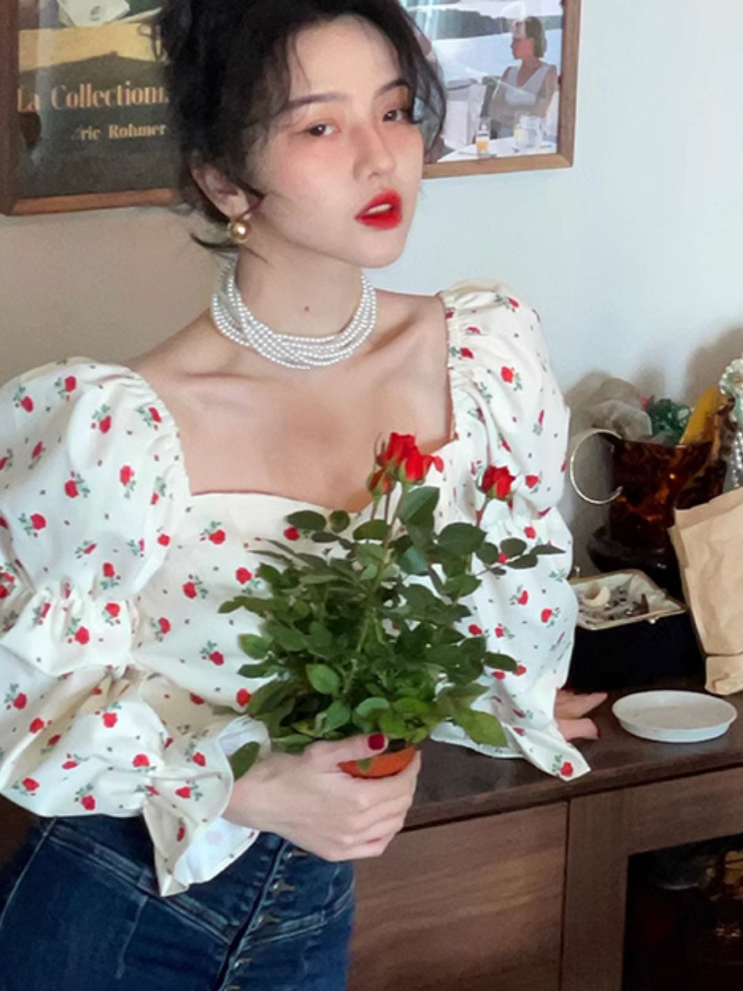 Square Collar Floral Short Shirt Puff Sleeve Top