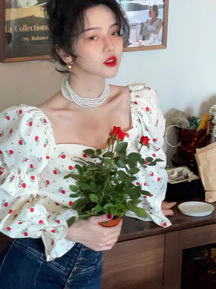 Square Collar Floral Short Shirt Puff Sleeve Top