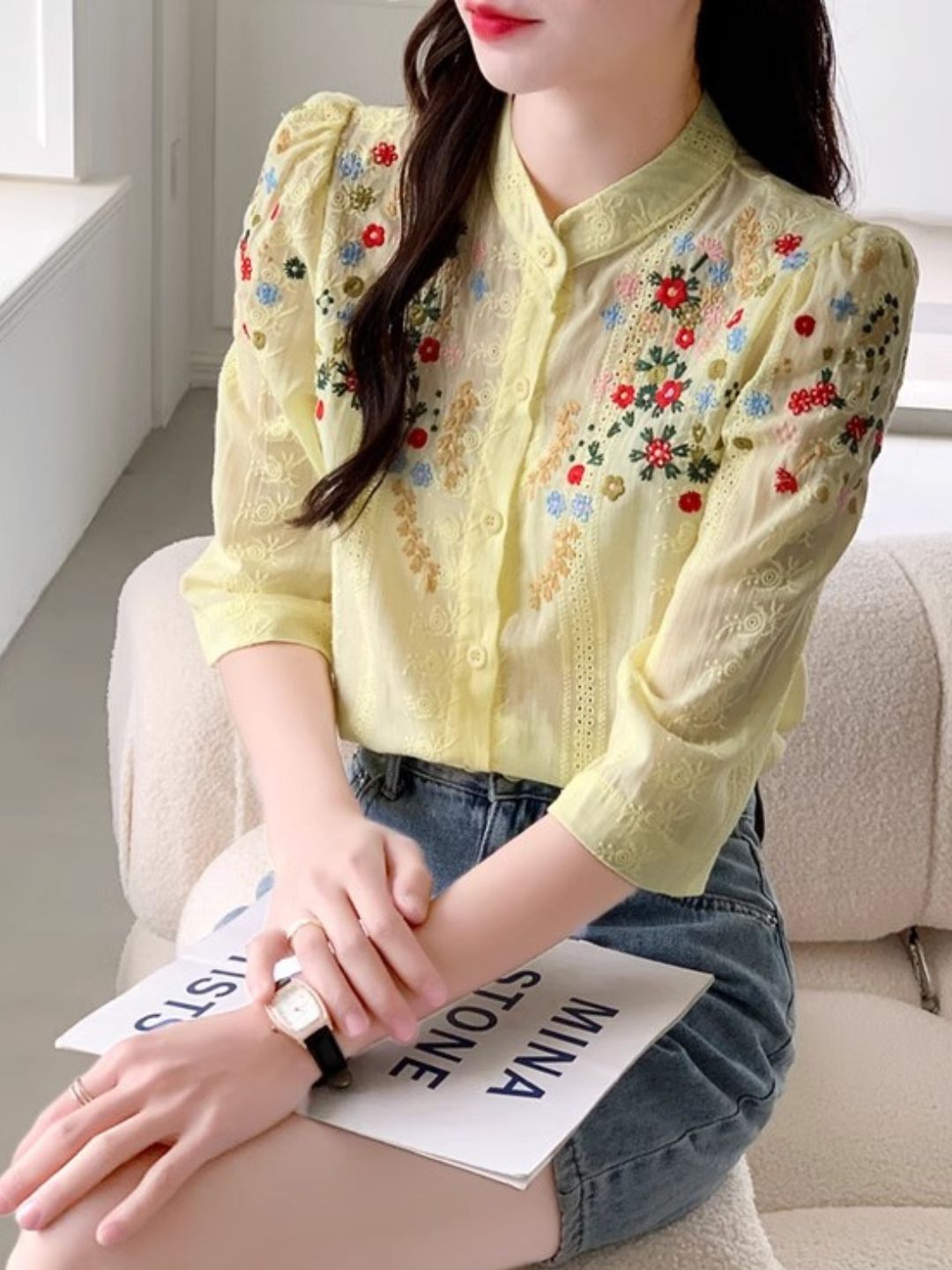 Embroidered Jacquard Stand Collar Shirt - Yellow