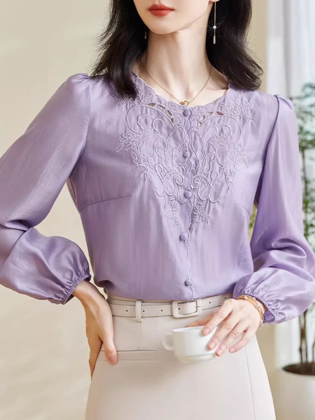 Embroidered Long-sleeved Shirt -Purple