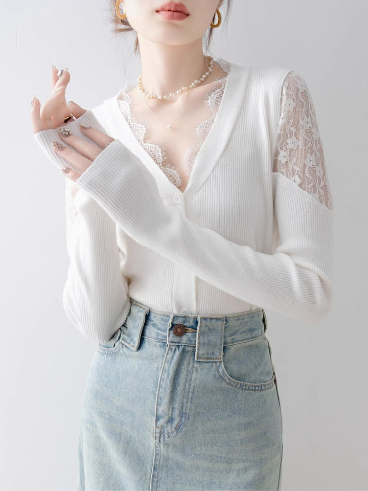 Slim Off-shoulder Lace Knitted Top