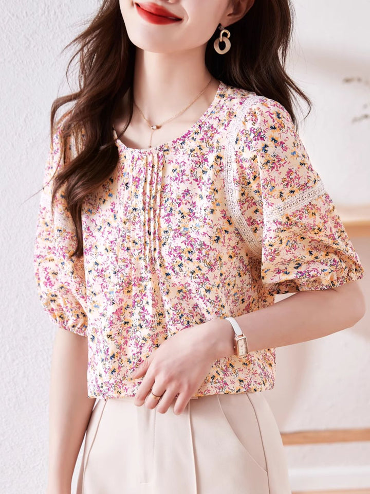Round Neck Floral Puff Sleeve Chiffon Shirt - Green