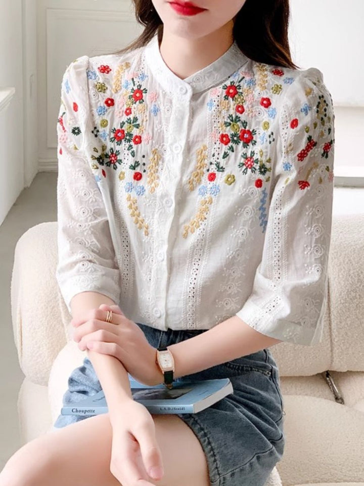Embroidered Jacquard Stand Collar Shirt - Yellow