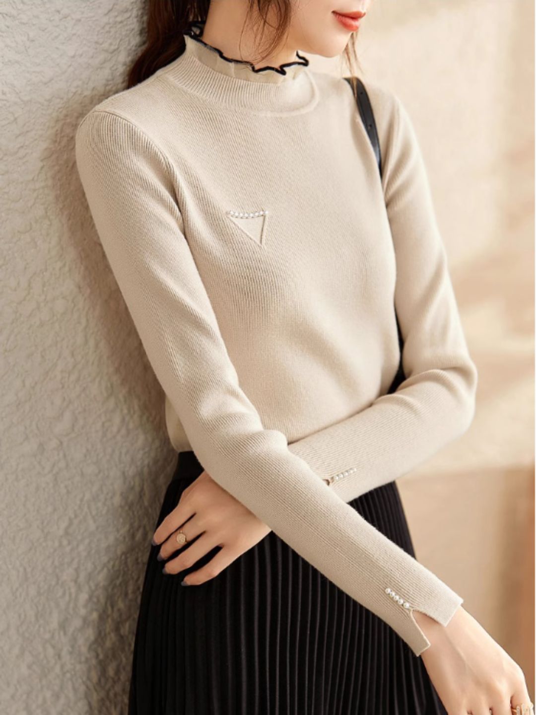 Solid Color Knitted Sweater - Red