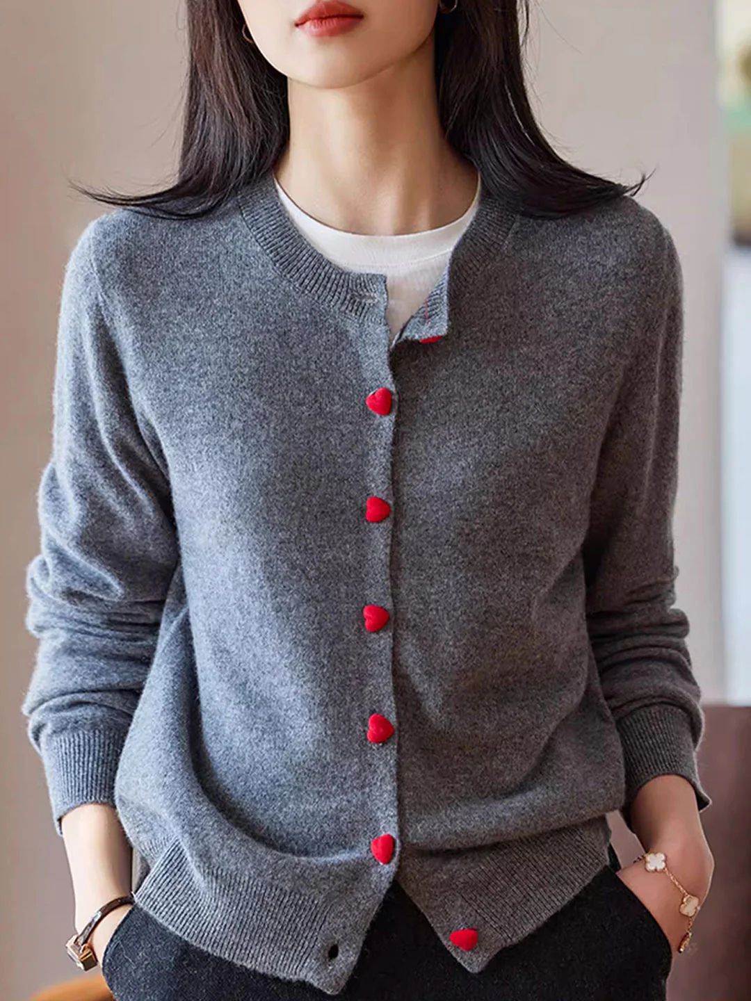 Elegant Crew Neck Heart Button Knitted Cardigan