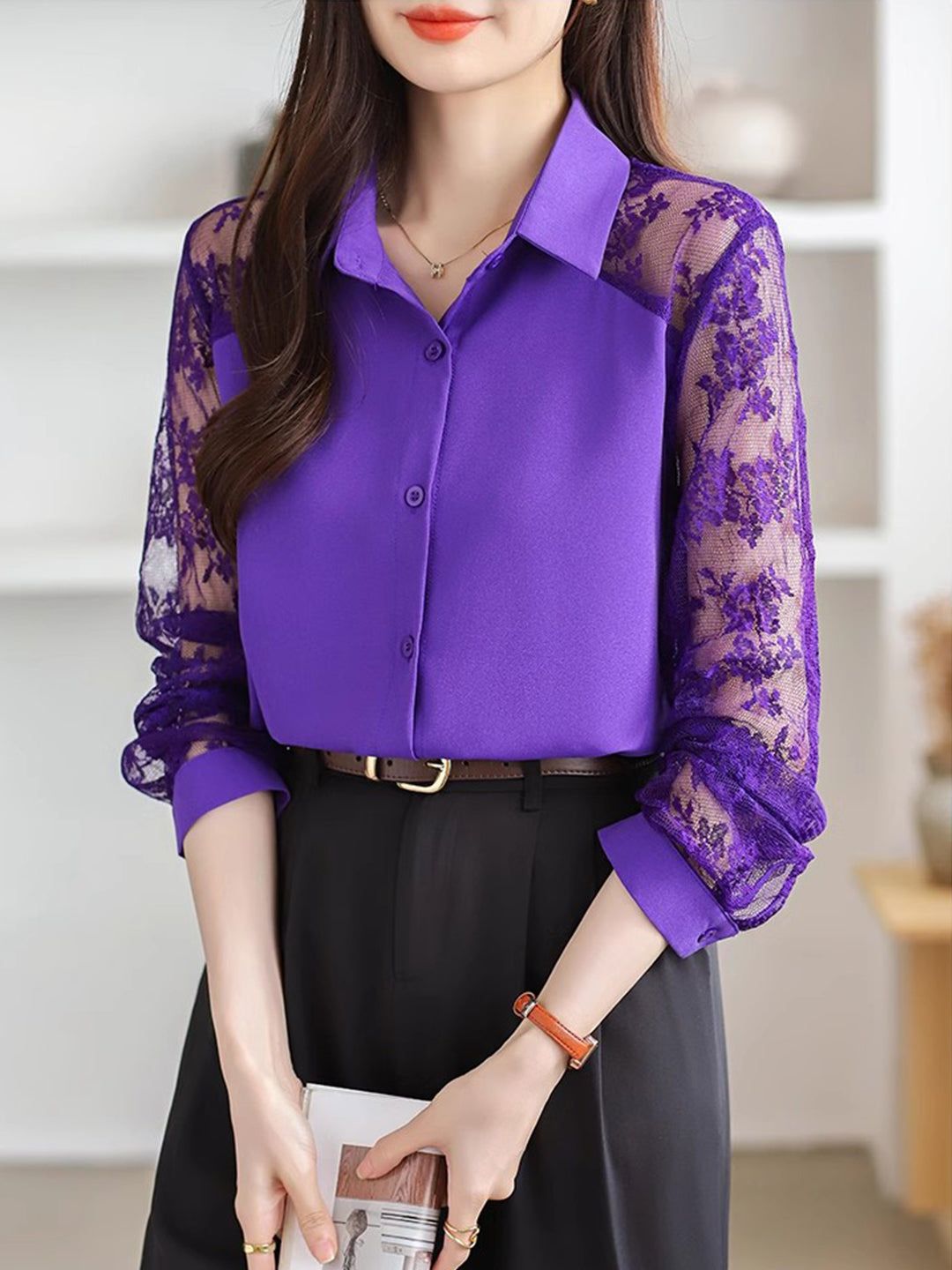 Lace Loose Lapel Chiffon Shirt