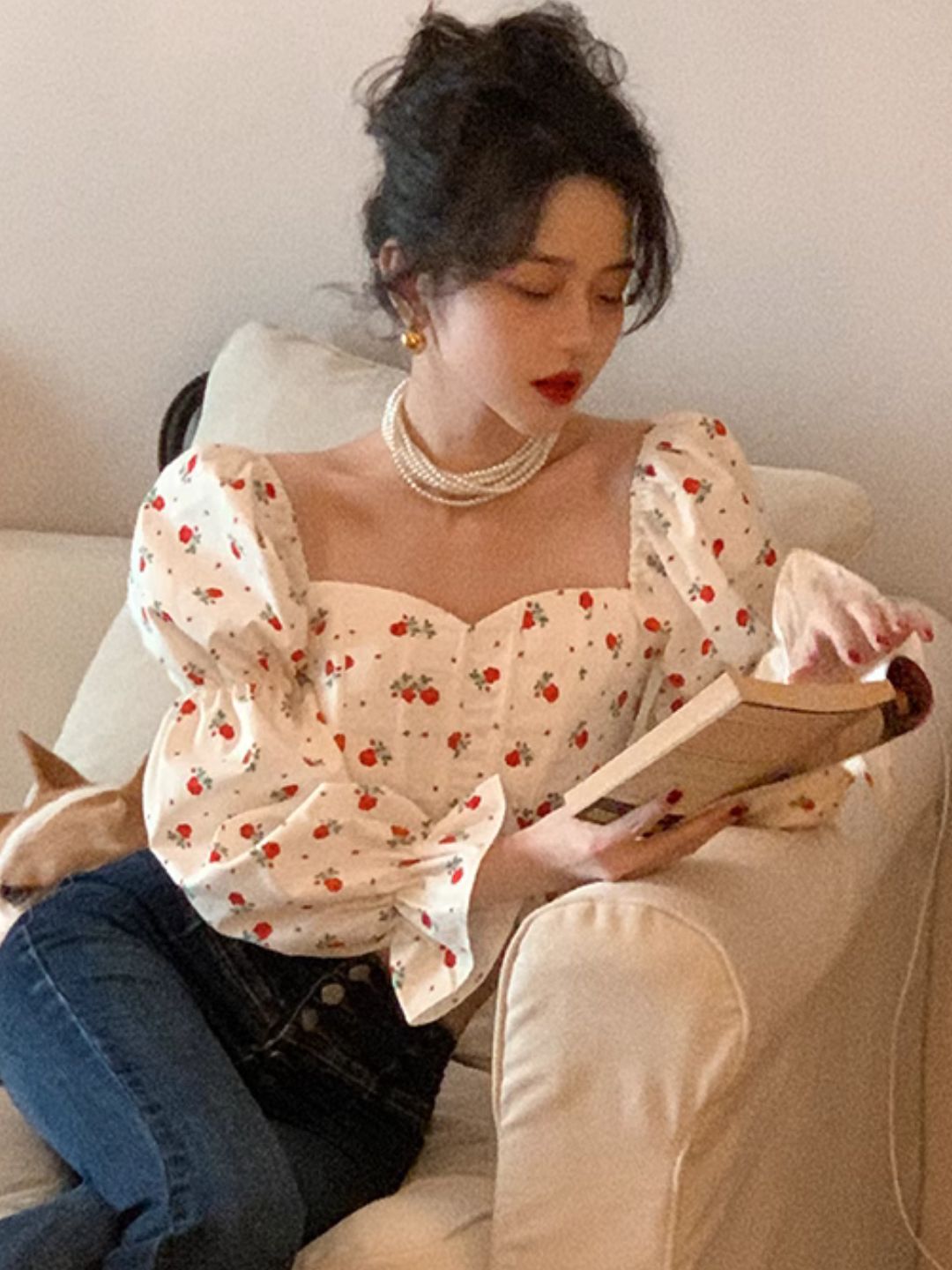 Square Collar Floral Short Shirt Puff Sleeve Top