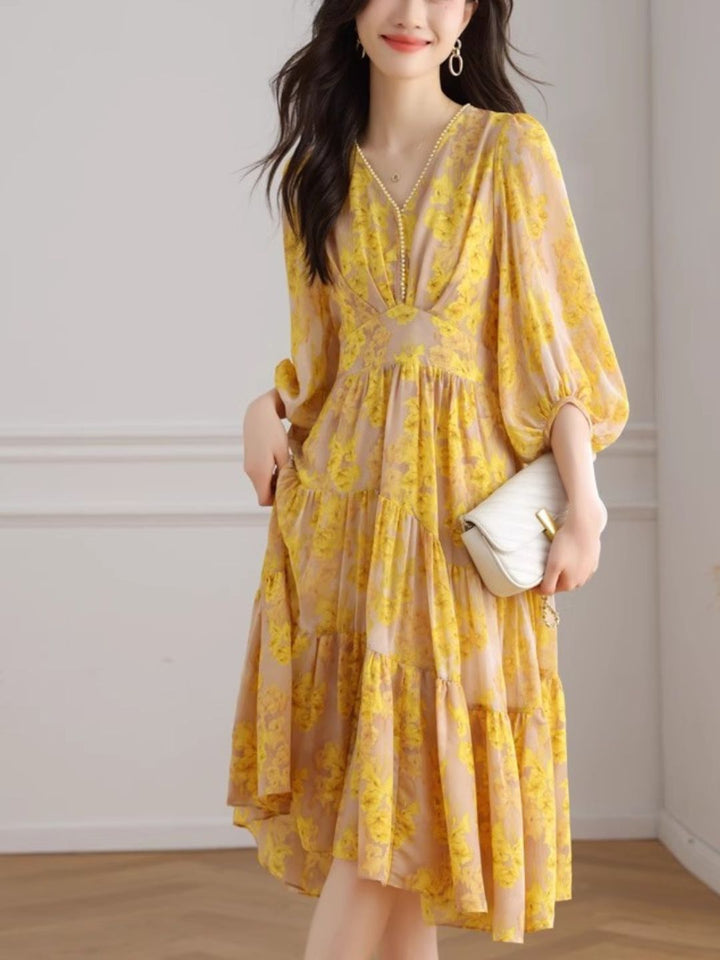 Temperament V-neck Floral Waist Dress - Yellow