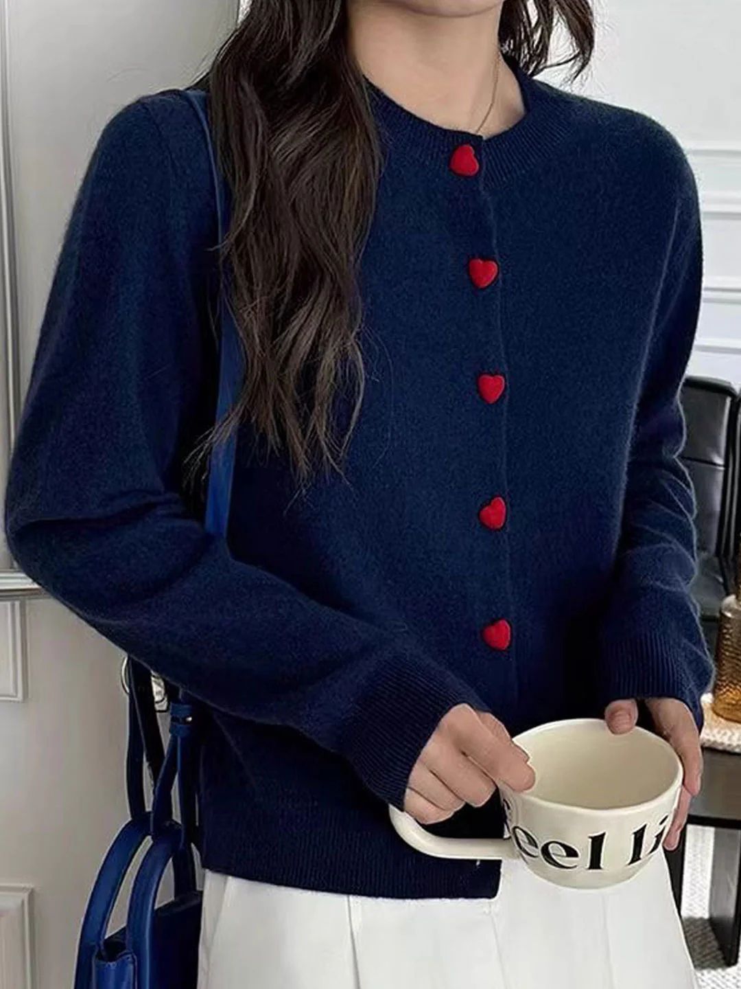 Elegant Crew Neck Heart Button Knitted Cardigan