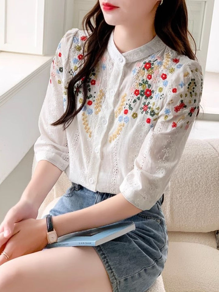 Embroidered Jacquard Stand Collar Shirt - Yellow