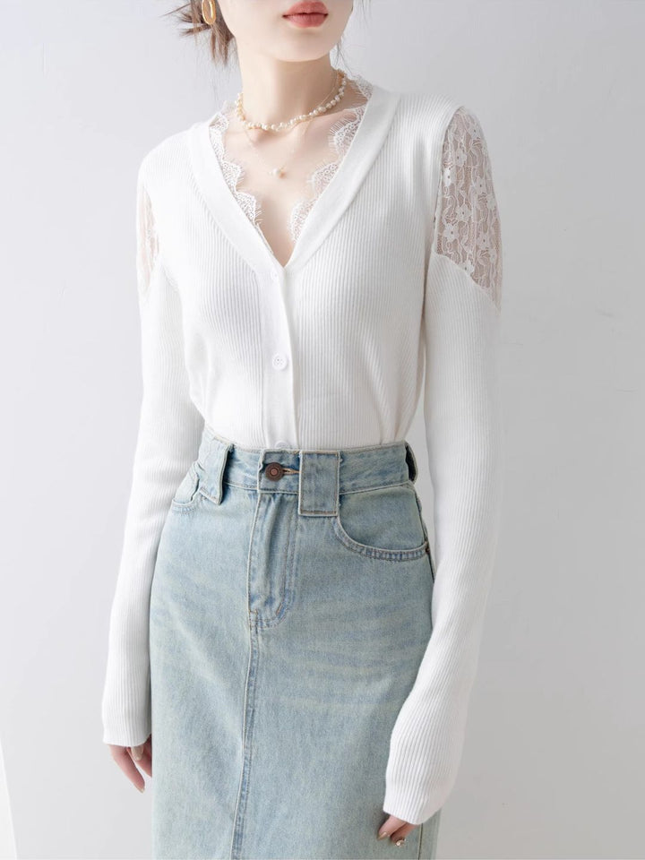 Slim Off-shoulder Lace Knitted Top