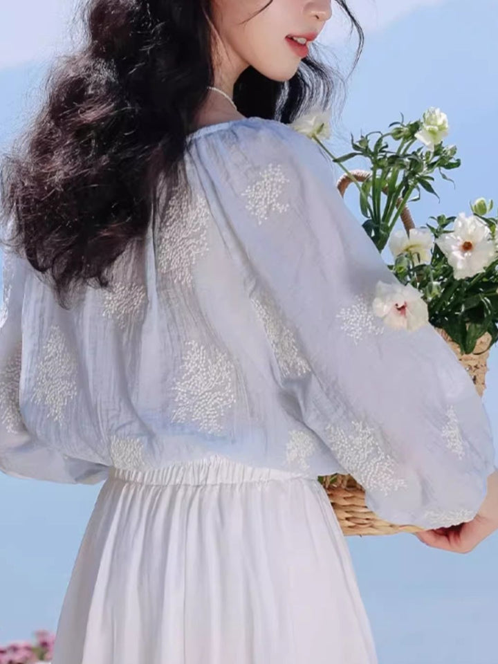 Embroidered Tassel Tie Top