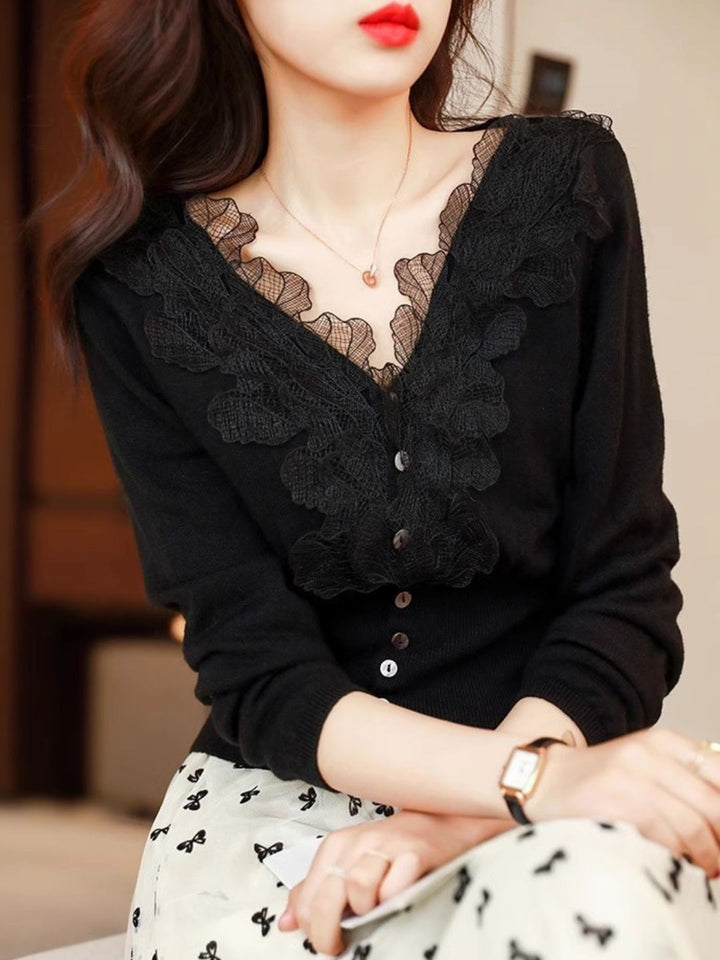 Elegant V-neck Lace Knitted Cardigan - Pink