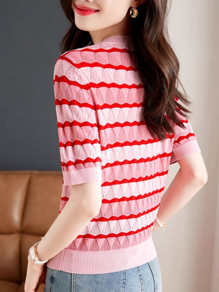 Hollow Striped Short-sleeved T-shirt