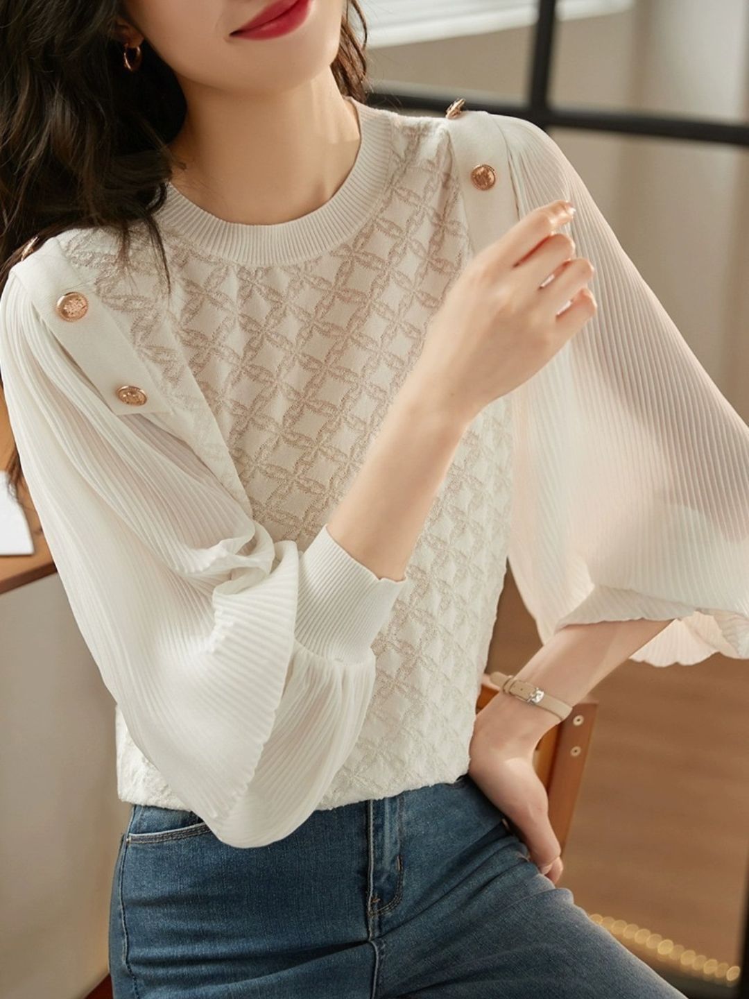 Lace Panel Mesh Long Sleeve T-Shirt -Black