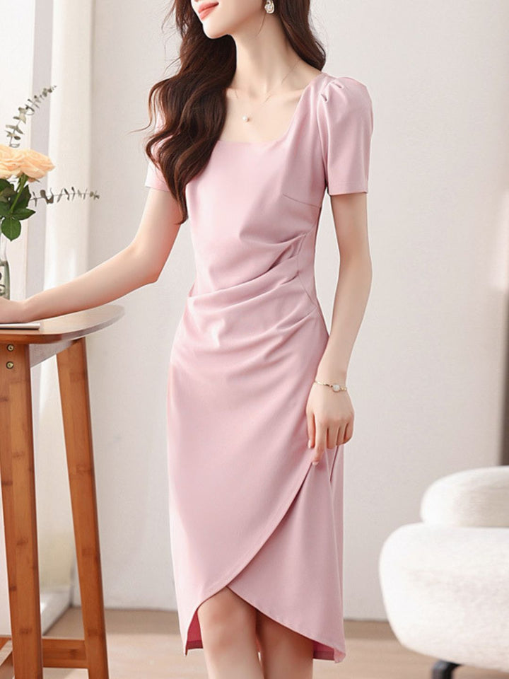 Solid Color Square Neck Slit Dress