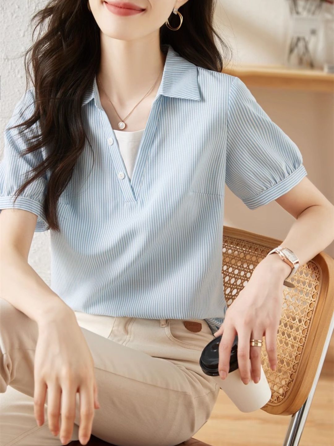 Striped Short-sleeved Lapel Shirt - Green