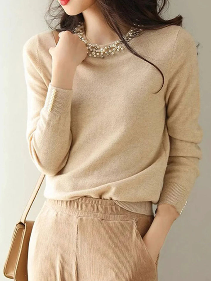 Elegant Beaded Pullover Knitted Top - Apricot