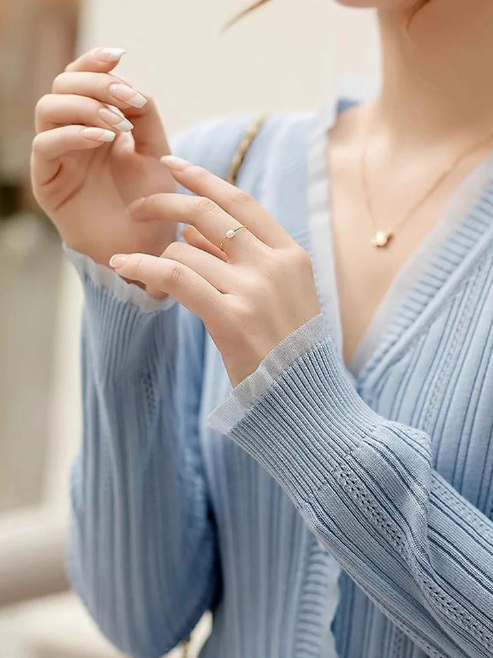 Vintage V-Neck Knitted Cardigan -Blue