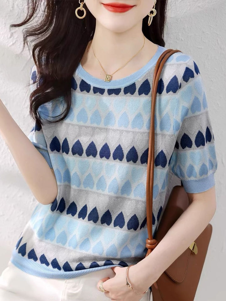 Loose Crew Neck Heart Print Knit Top