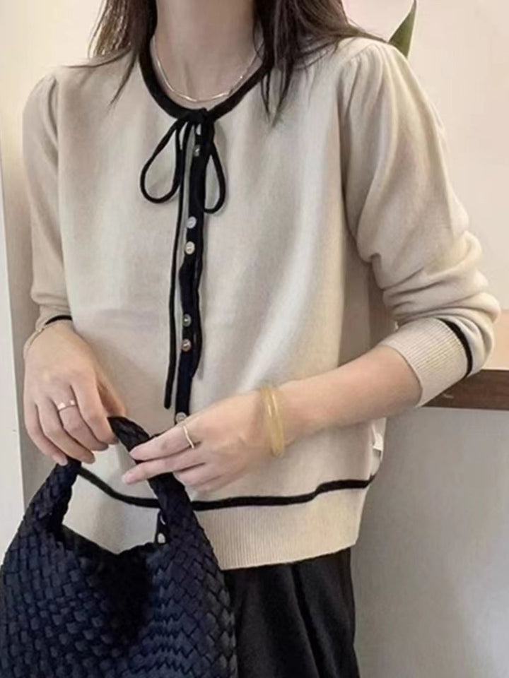 Round Neck Bow Tie Contrast Color Sweater