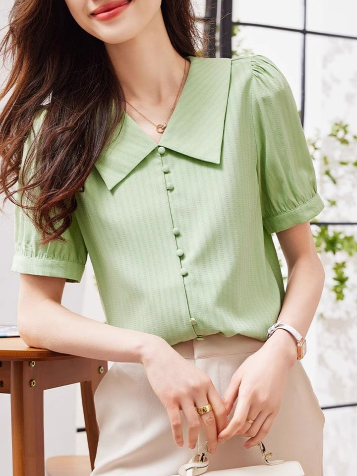 Green V-neck Puff Sleeve Top