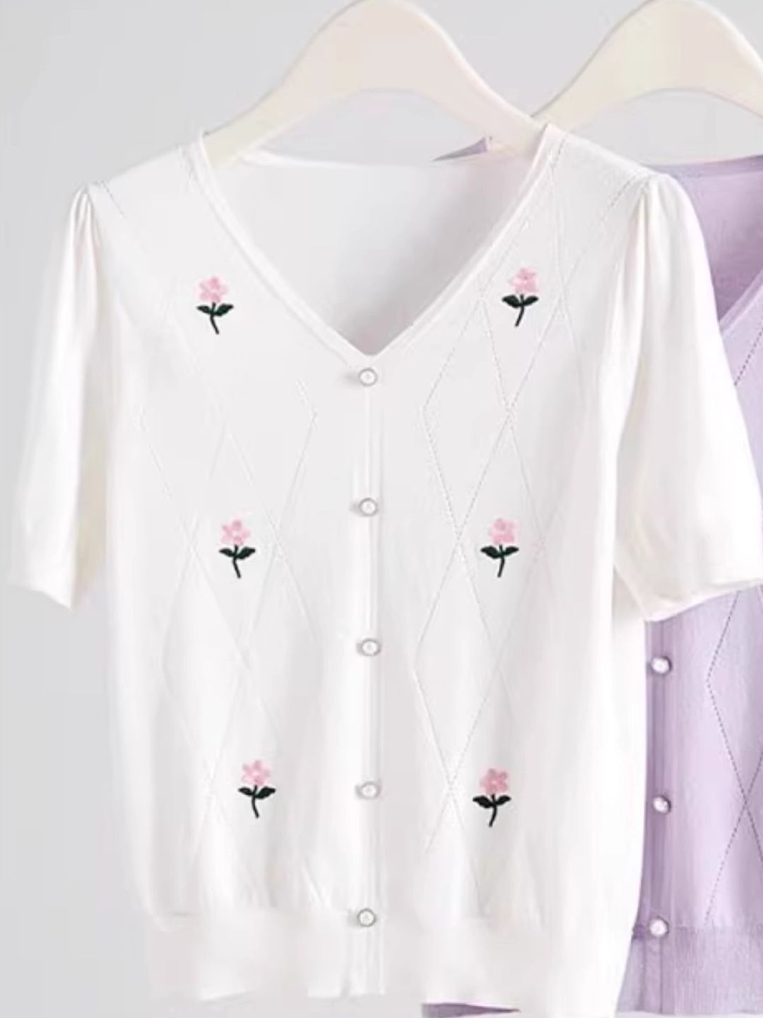 V-Neck Knitted Top With Hollow Embroidery