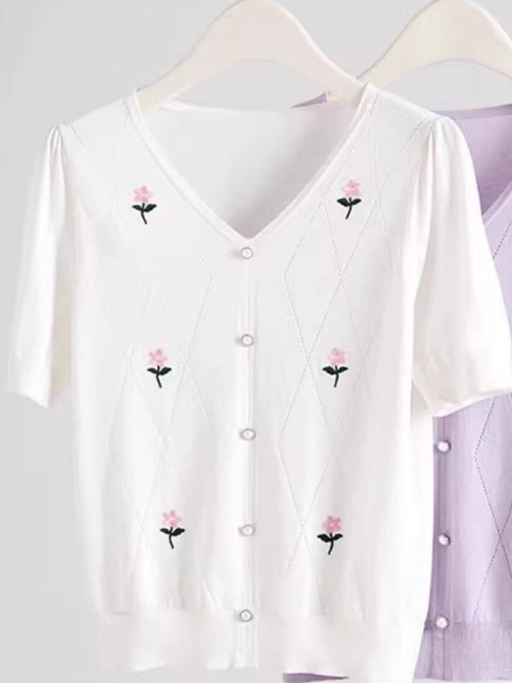 V-Neck Knitted Top With Hollow Embroidery