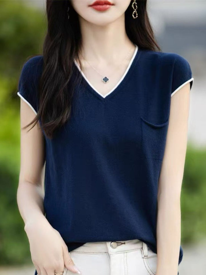 Loose V-Neck Knitted Contrast Top
