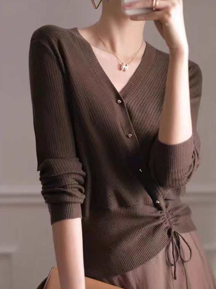 V-Neck Drawstring Knitted Top