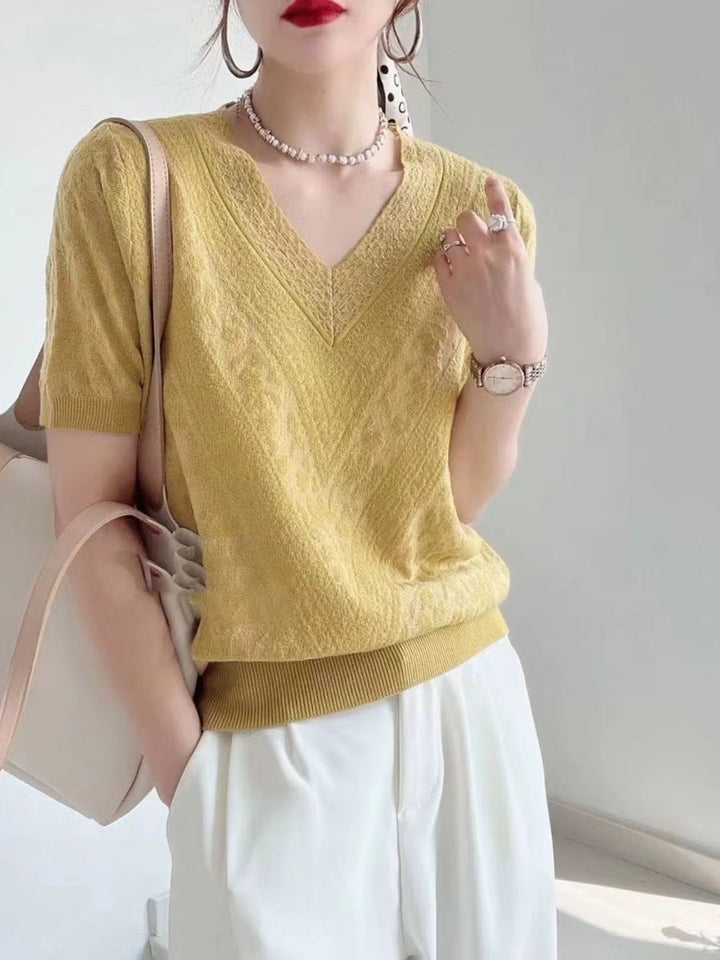 Short-sleeved V-neck Hollow Knit Sweater