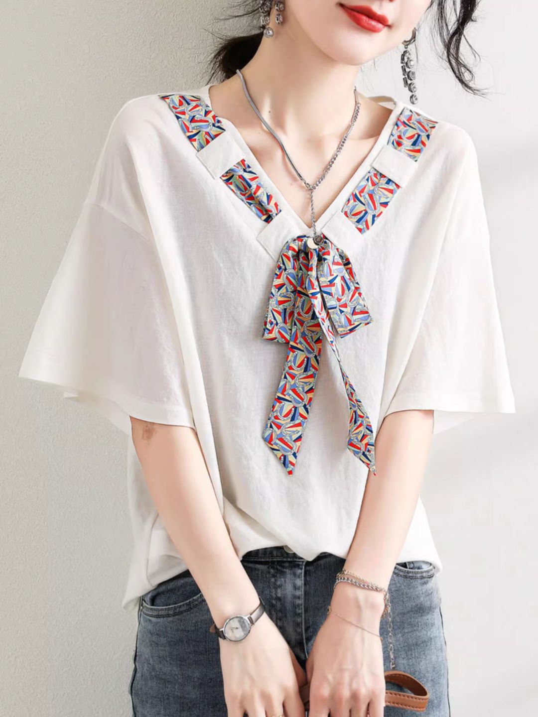 Loose Contrast Ribbon White T-shirt