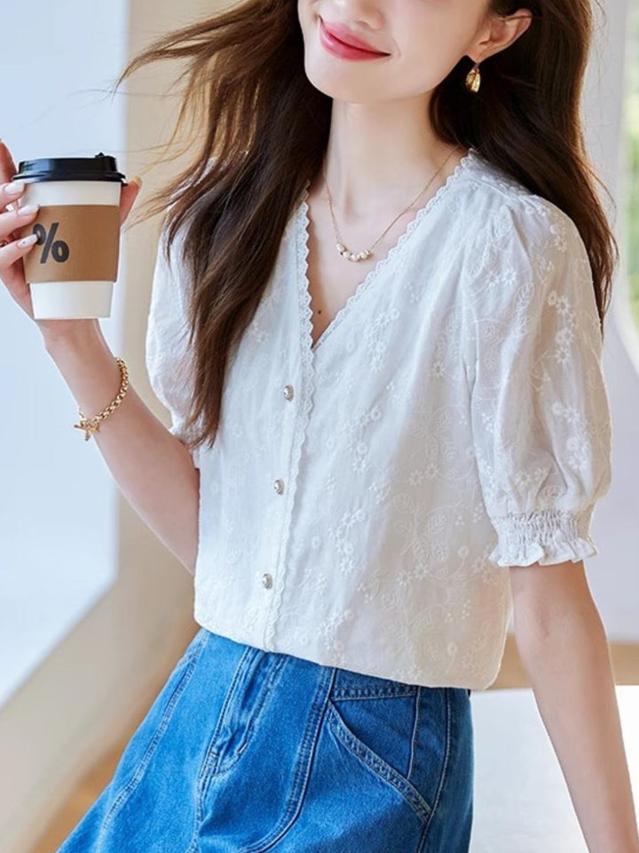 Versatile Lace V-Neck Shirt Top