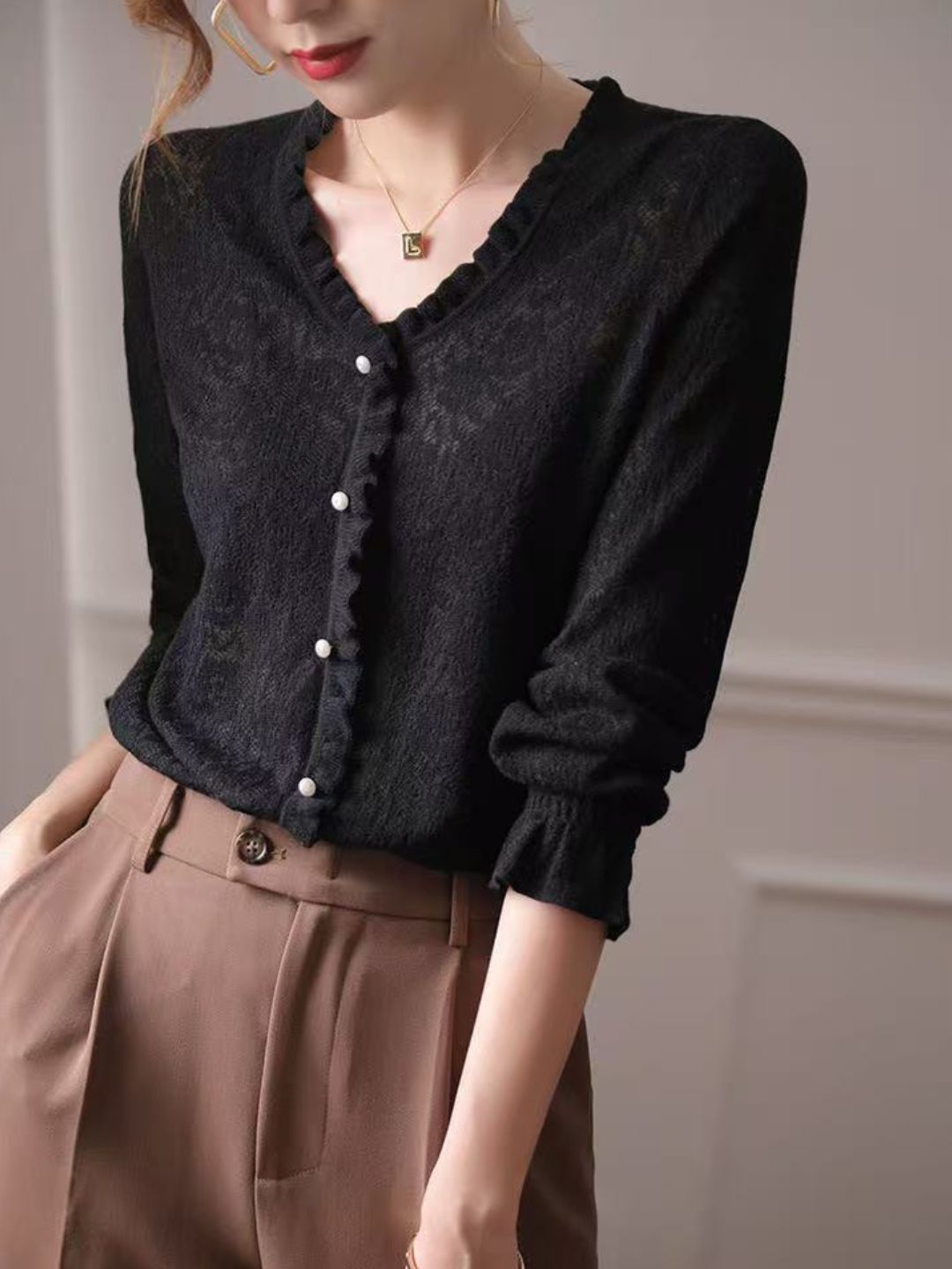 Hollow Fungus Lace V-Neck Top - Black