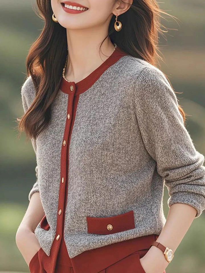 Loose Crew Neck Contrast Knitted Cardigan