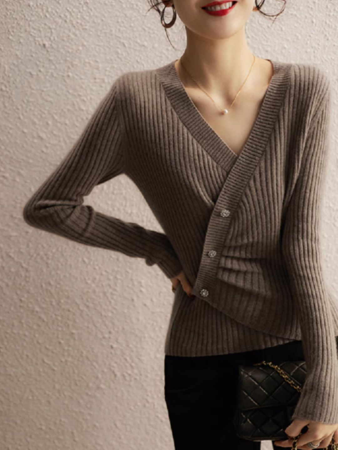 V-Neck Knitted Cardigan - Apricot