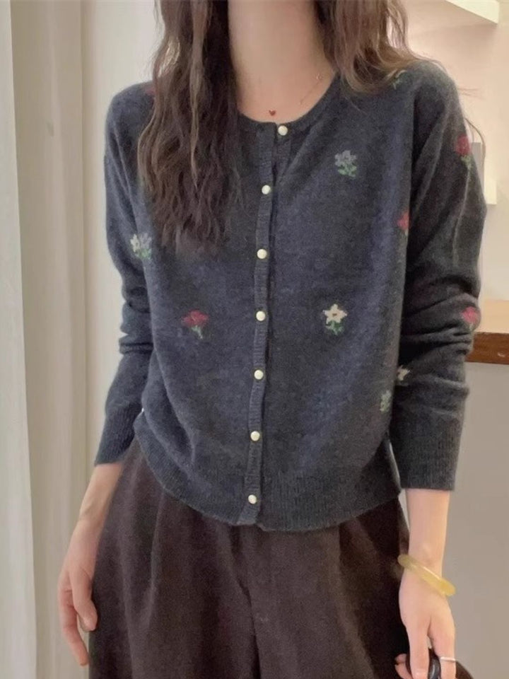 SimVintage Jacquard Design Knitted Cardigan - Grey