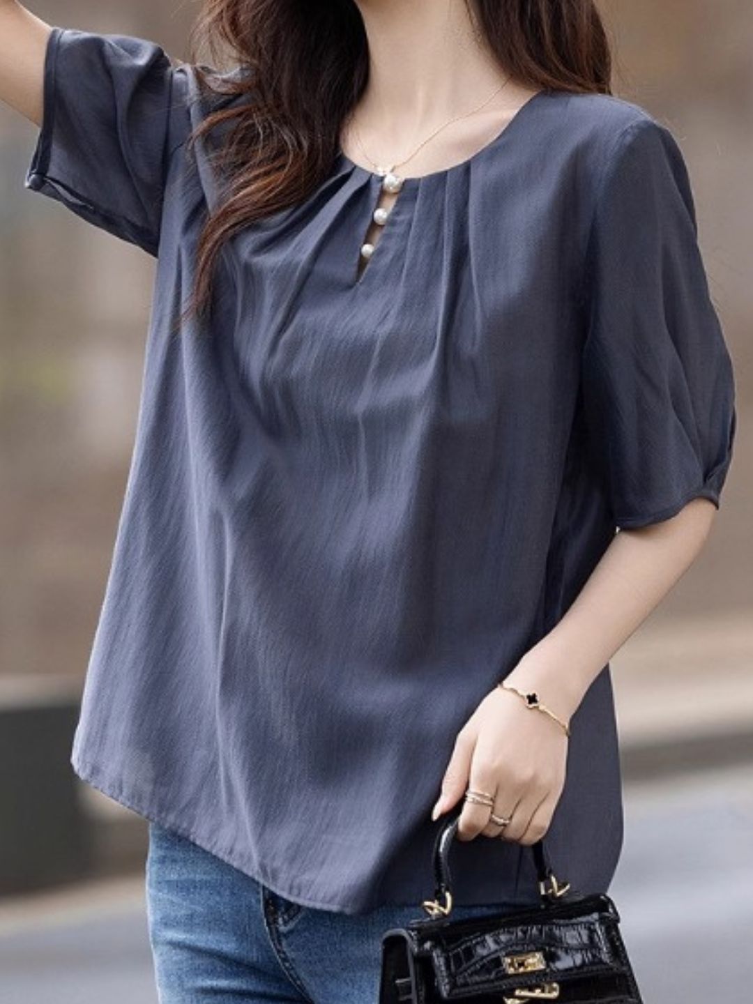 Round Neck Teardrop Button Top