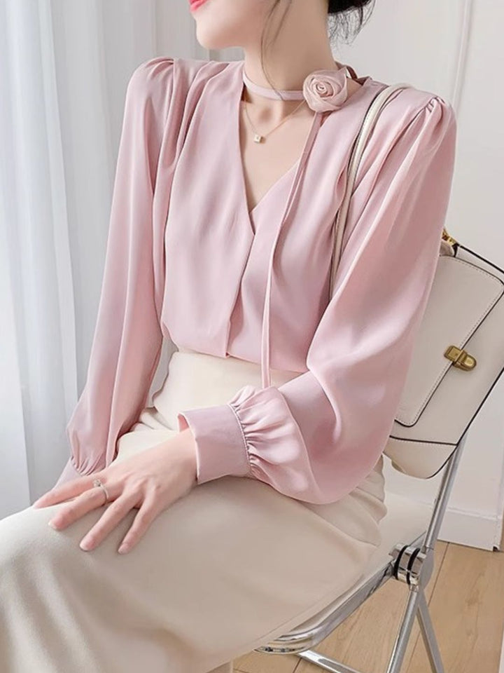 Gentle Style Rose Halter Neck Chiffon Shirt