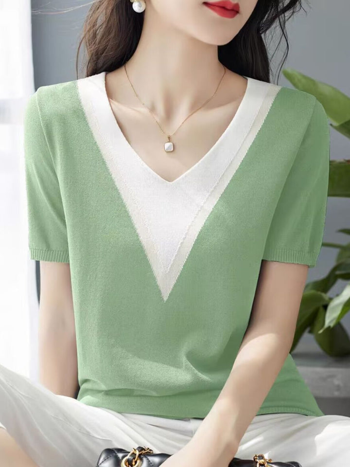 Retro V-Neck Colorblock Loose Top