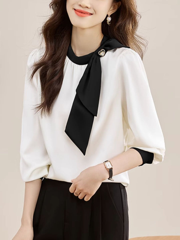 Gentle Colorblock Collar Bowknot Ribbon Top
