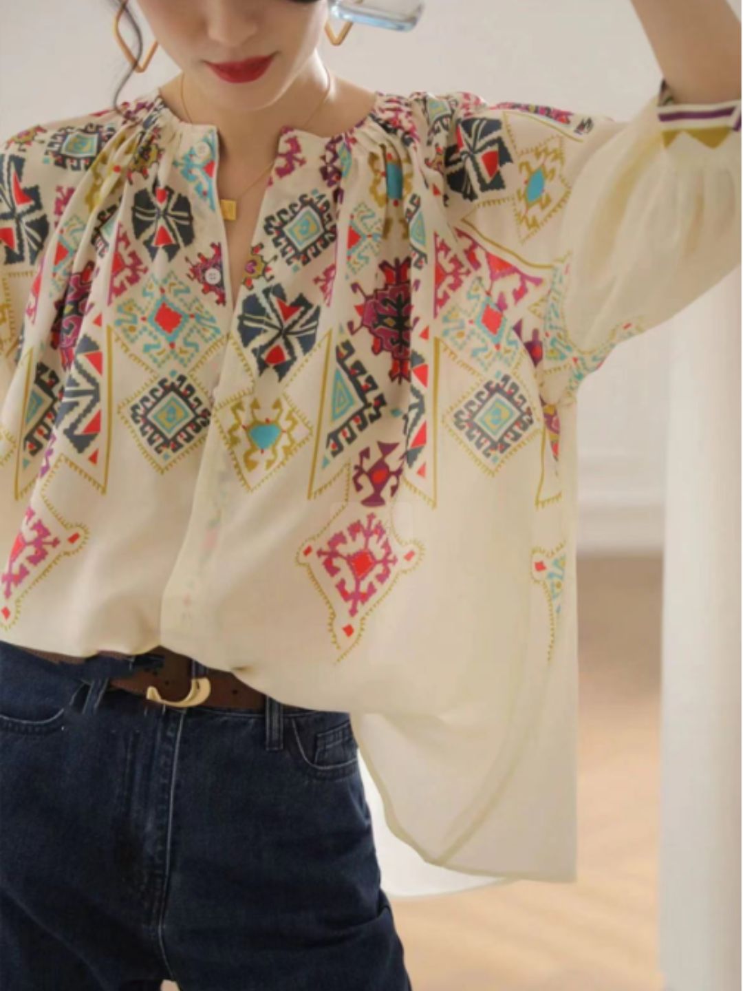 Chiffon Top Printed Mid Sleeve Shirt
