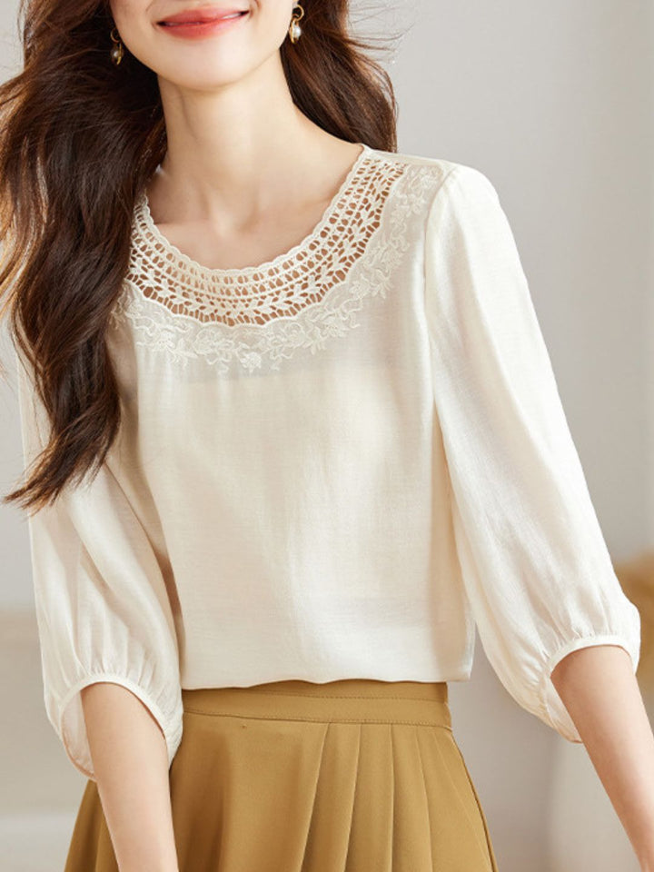 Retro Round Neck Solid Color Hollow Top
