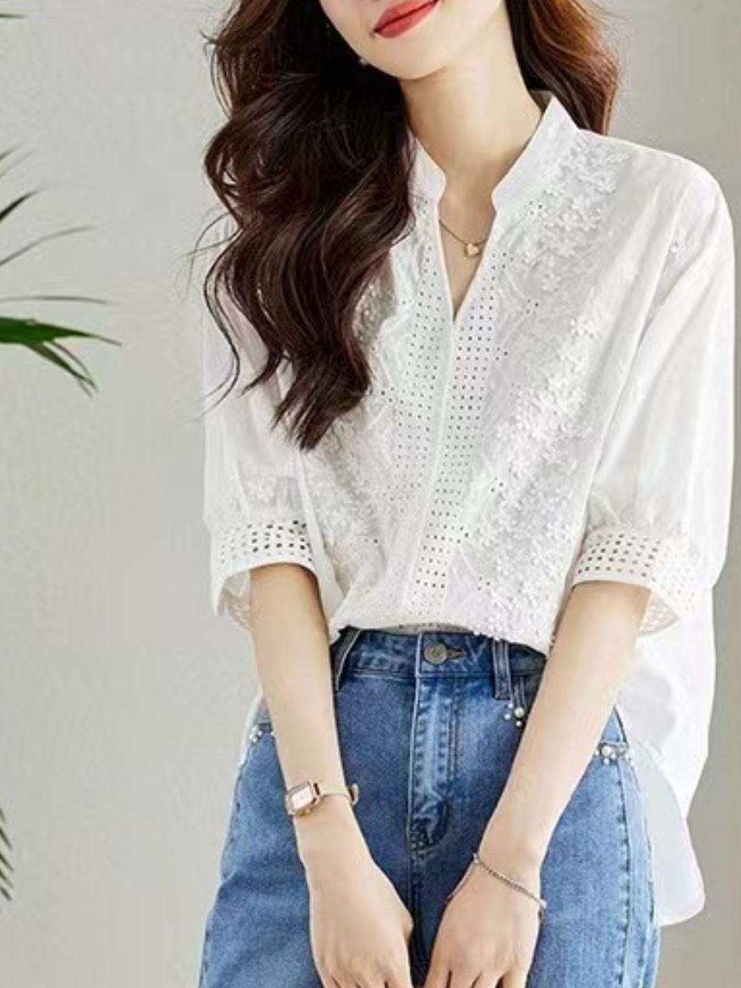 Versatile V-neck Embroidered Hollow Shirt