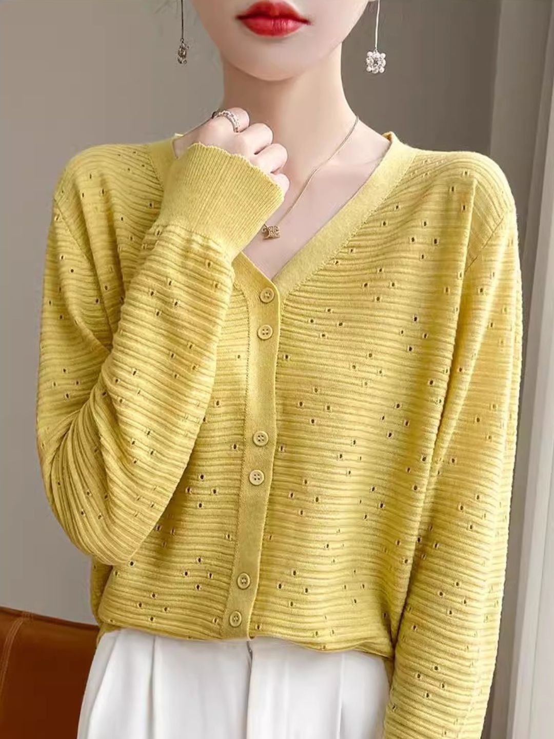 Long Sleeve V-Neck Top Hollow Knit Cardigan