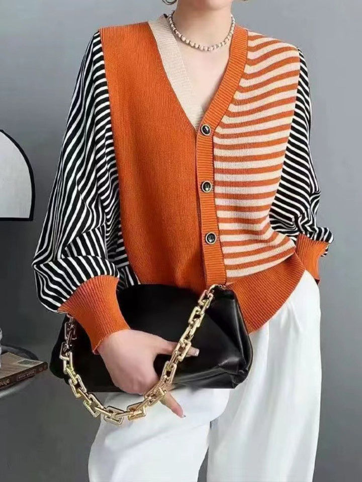 Casual V-Neck Striped Knitted Cardigan